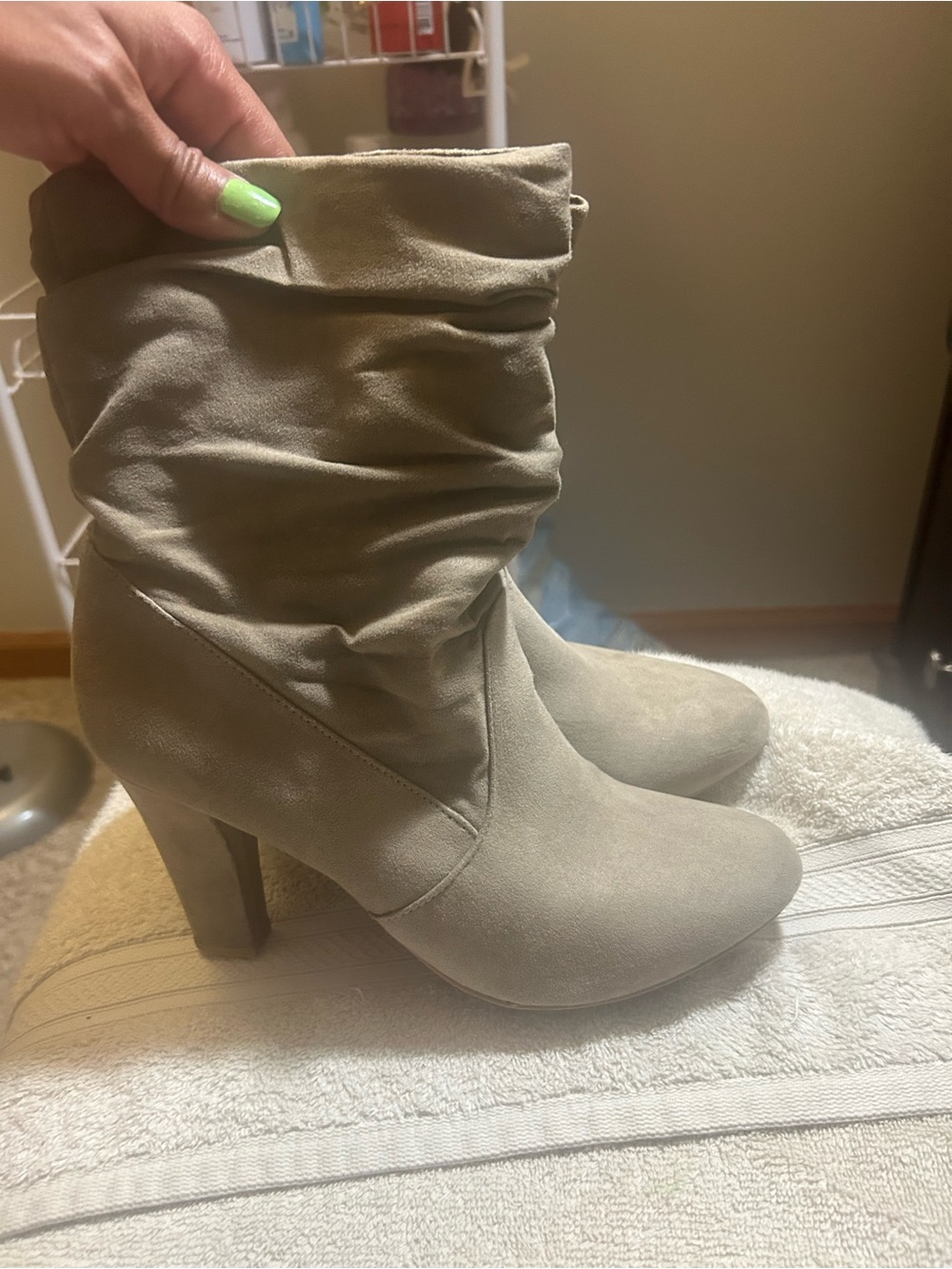 Suede Slouch High Heel Ankle Boots in Taupe